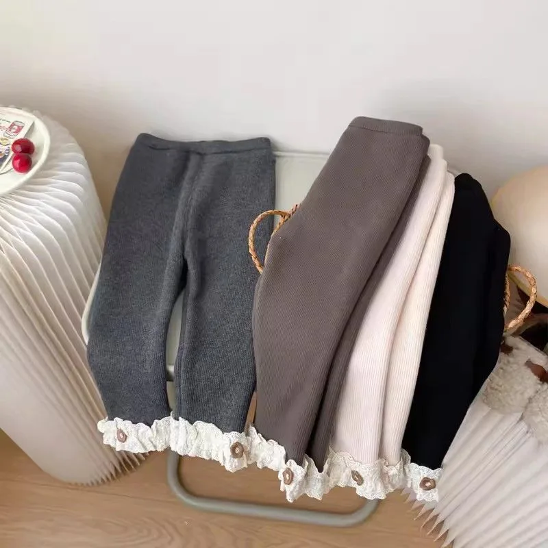 Korean Style  Leggings for Girls Fleece Lined Winter Warm Ruffle Trim Stretchy Toddler Skin-Friendly Pants