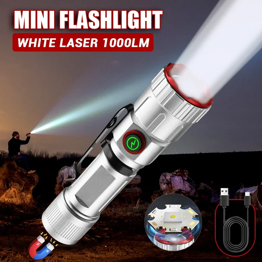 Zoom White Beam light Mini Flashlight Rechargeable Portable Pocket Magnet Torch Home Outdoor Camping Hiking Fishing Work lamp