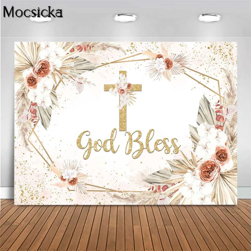 

Mocsicka Bohemian Flowers Baby Baptism Backdrop Photography First Communion Newborn Christening Cross Photo Background Photocall