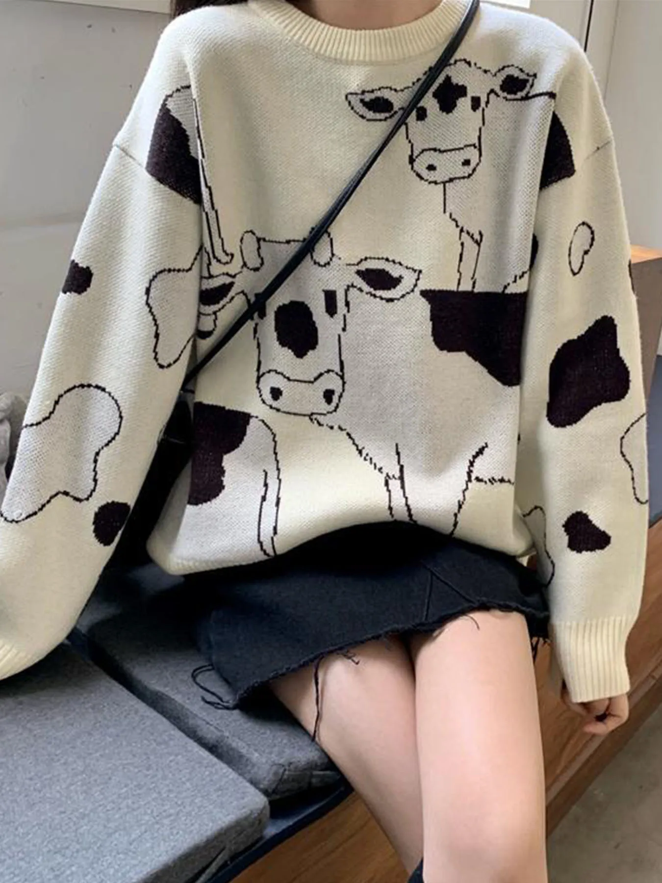 

Women's Cow Print Thick Knit Loose Cute Winter Sweater Female Casual Kawaii Casual Girl Pullover Knitting Pullover for Women