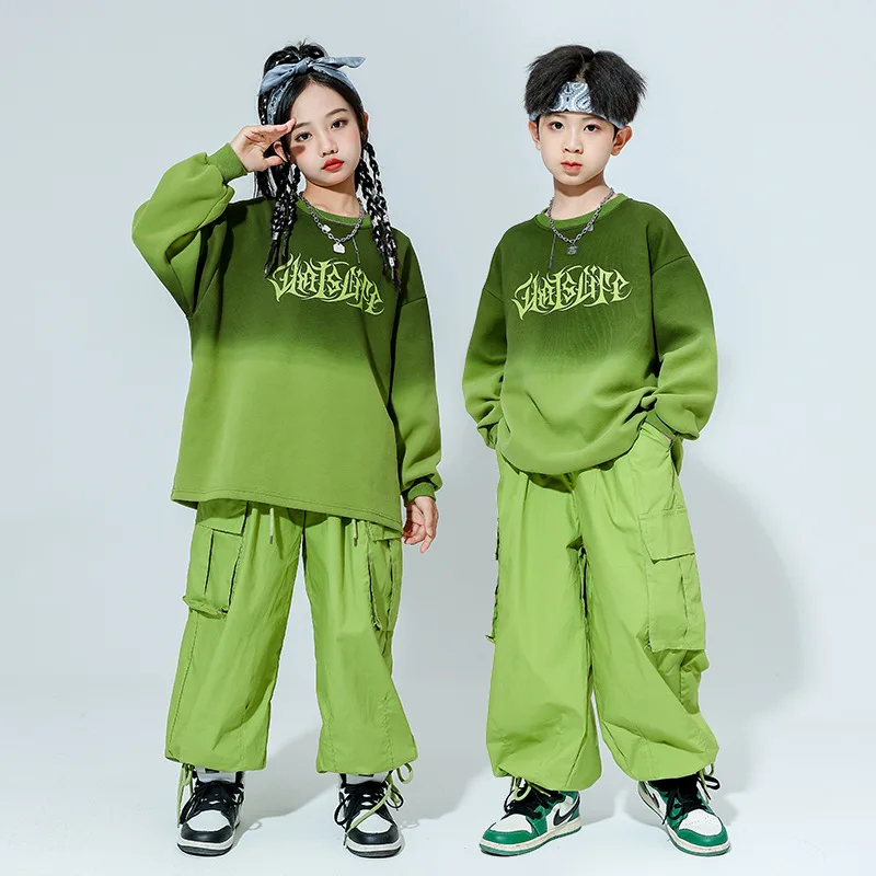 

Boys Hip Hop Clothing Green Oversized T-Shirt Pockets Cargo Pants for Girls Kids Jazz Dance Costume Clothes Set