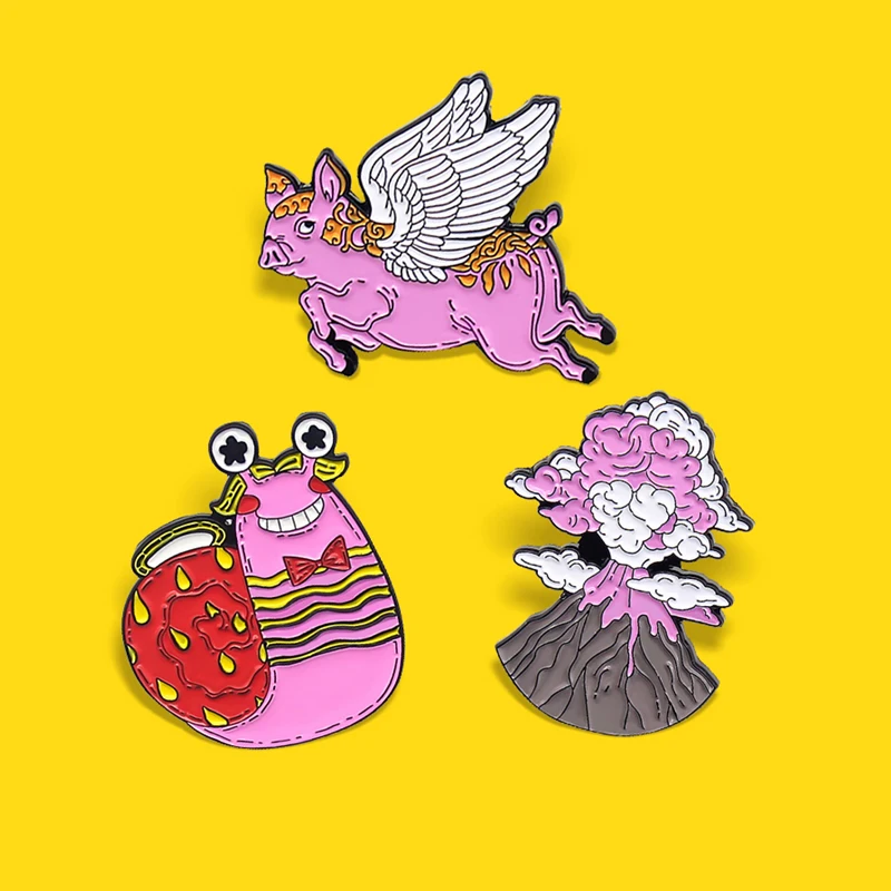 Cartoon Pink Angel Snail Pig Enamel Pin Pink Flying Pig Volcano Cloud Brooches Badge Jewelry for Kids Gift Spille Wholesale