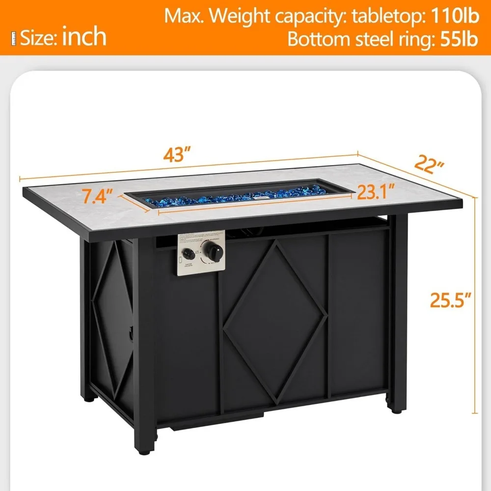 Table à gaz avec allumage automatique, fosse à gaz 2 en 1, équipée d'un plateau en céramique, silex en verre, 43 pouces, 50000 BTU