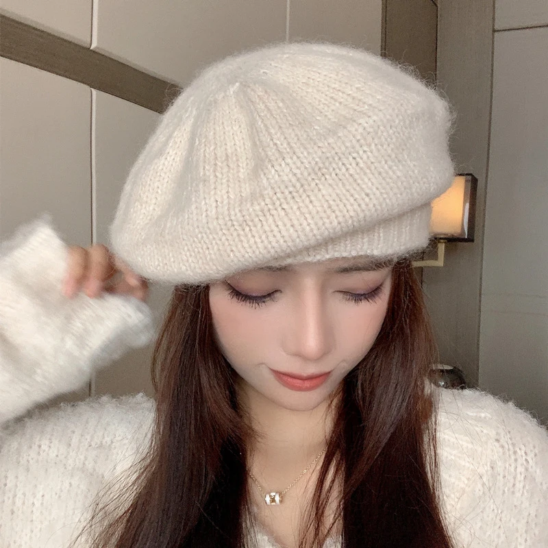 Fashion Women Hat Solid Color Warm Beret Vintage Knitted Beret Hat Autumn Winter Lady Artist Painter Cap Bonnet