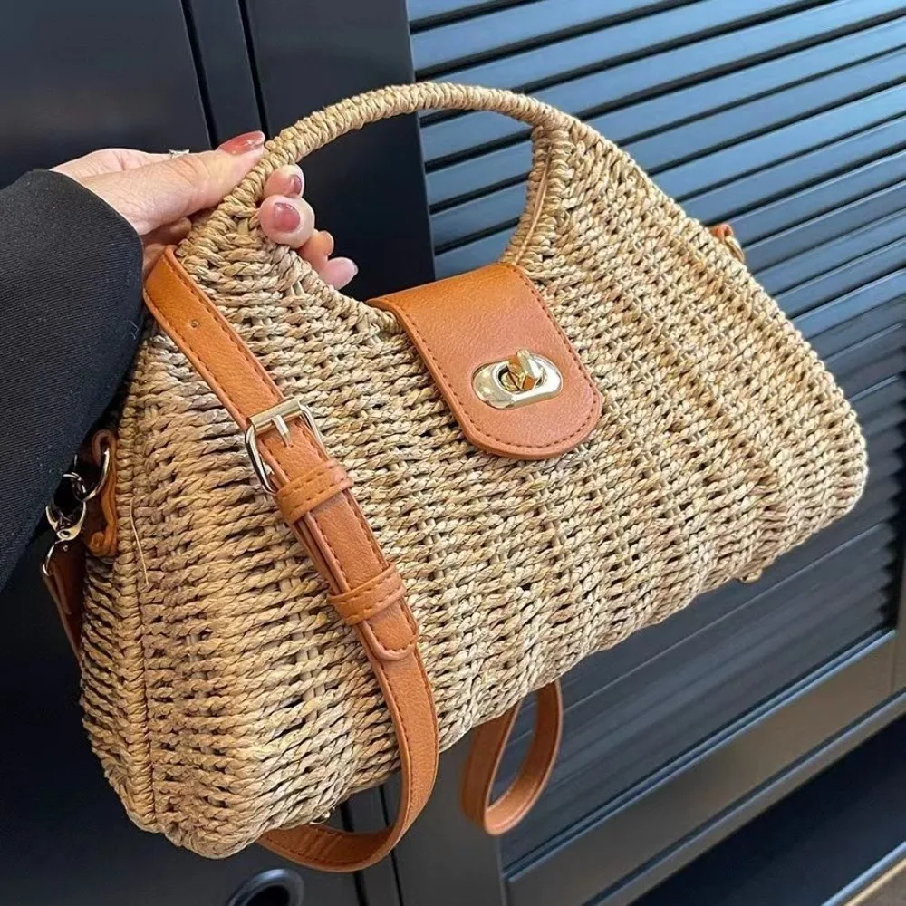 Summer Vacation Beach Bag For Women Khaki Straw Bag Rattan Handmade Designer Hobo Purse Lady\'s Big Round Handle Clutch Bag