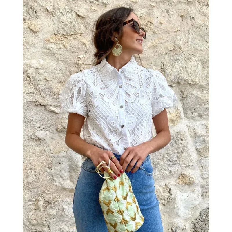 

Womens Lace Shirts Dressy Button Down Shirts Embroidered Blouses Cotton Eyelet Puff Short Sleeve Hollow Out Collared Tops