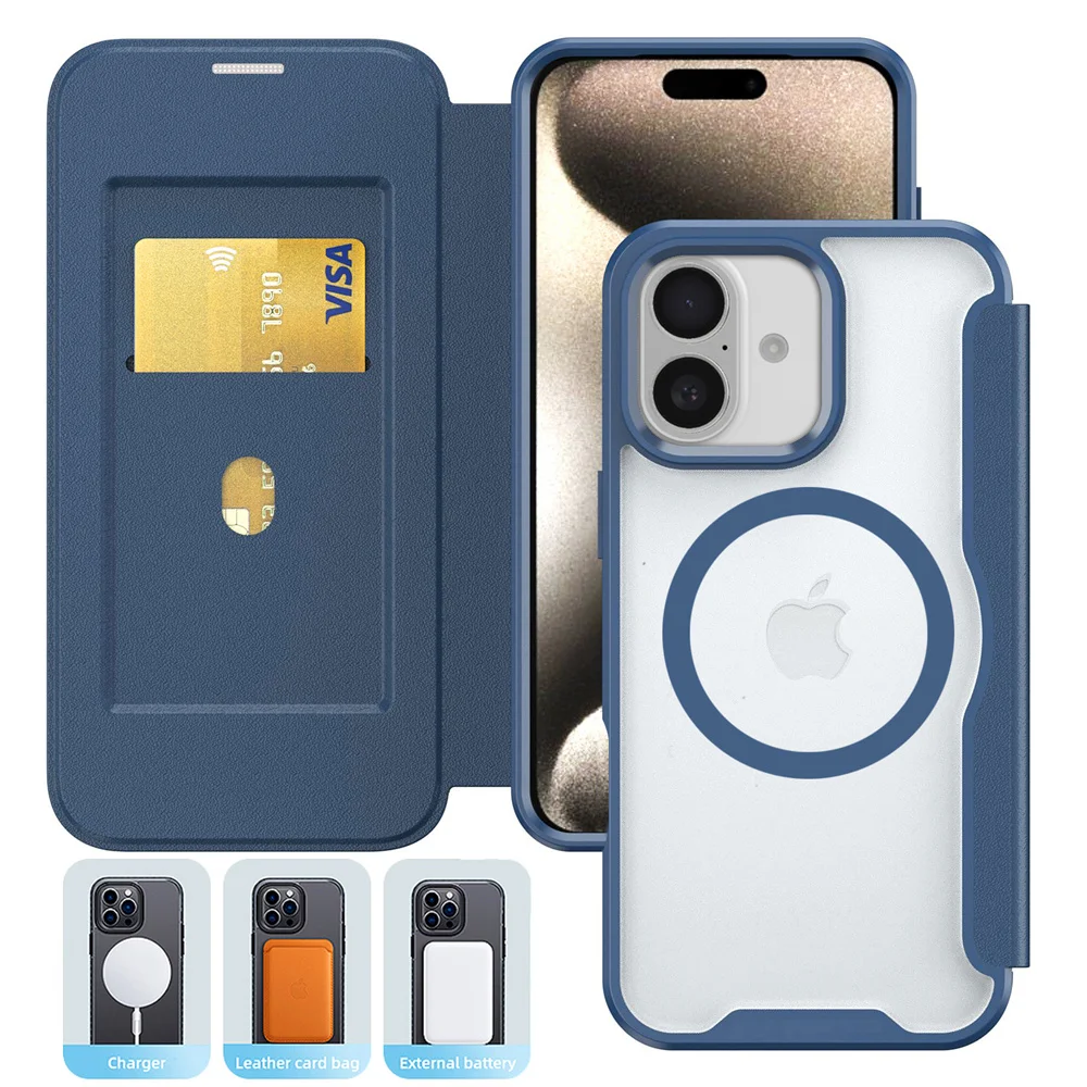Luxe Flip Slot Kaarthouder Magnetische Telefoonhoes Voor iPhone 18 15 16 11 12 13 14 17 Pro Max Mat Translucent Stootvaste Hoes