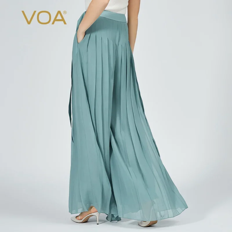 VOA 12 Momme Georgette Mulberry Silk Pleated Culottes Three-dimensional Decorative Double Layer Wide-leg Pants Summer 2022 KE723