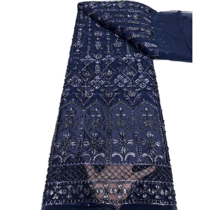 

Элитная африканская кружевная ткань, синий тюль, кружево 2026, 5 ярдов, элегантное тяжелое кружево с бисером и пайетками для вечерних и свадебных платьев