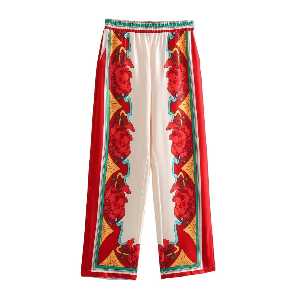 2024ZAR Spring/Summer New Style Women\'s European and American Style Positioning Flower Bat Shirt Casual Pants Set