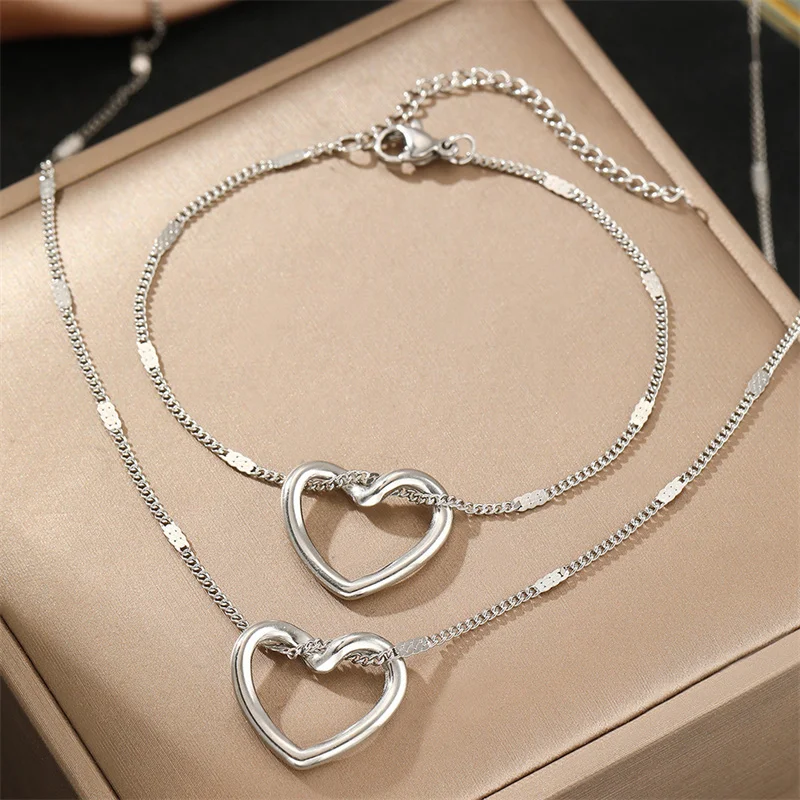 316L Stainless Steel New Simple Retro Banquet Jewelry Elegant Niche Hollow Love Necklace Bracelet  Conjunto De Collar Y Pulsera