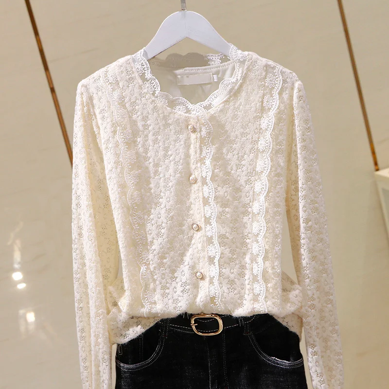 

Mesh Lace Women Shirts Summer Sweet Style 2022 Ruffles Embroidery Elegant Office Lady Outwear Top Quality