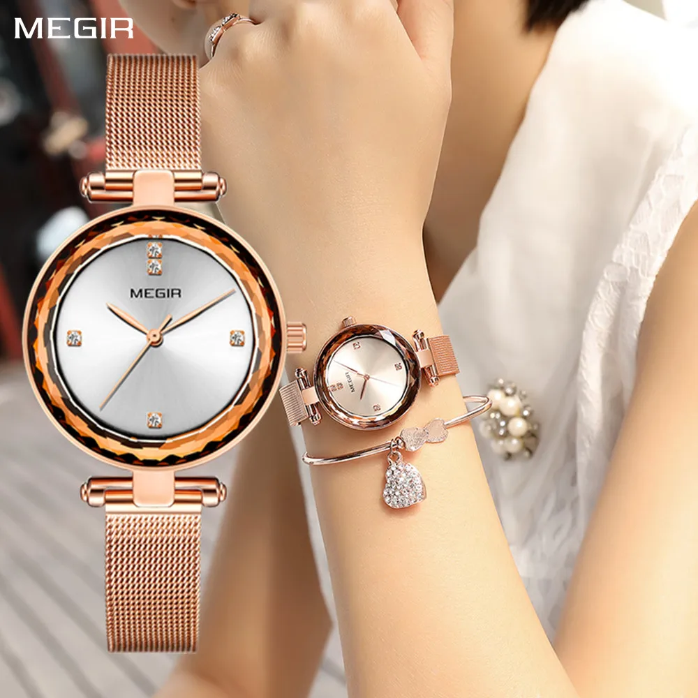 

MEGIR Luxury Rose Gold Watch Women Bracelet Casual Quartz Wristwatches Steel Mesh Band Waterproof Ladies Watches Reloj Mujer