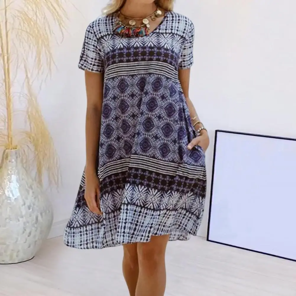 

Round Neck Dress Retro Print Knee Length Summer Dress for Women Midi Dress with Short Sleeves Round Neck Pullover for Vacation