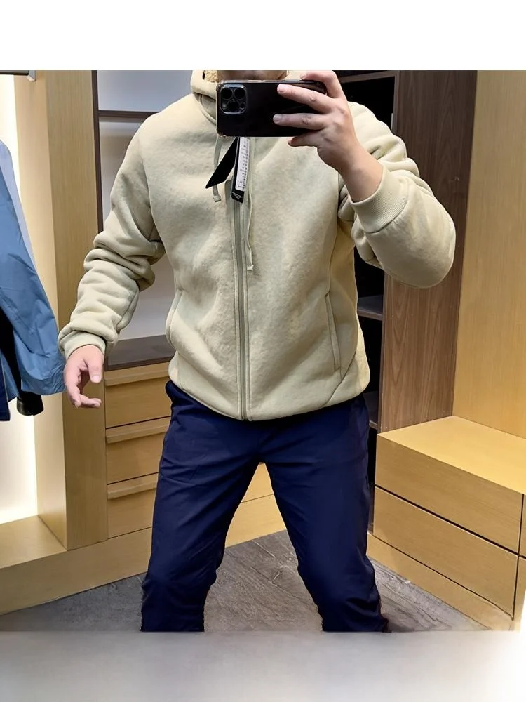 

Thiened Lamb бархатный открытый кардиган с капюшоном, толстовка для улицы, мужская зимняя куртка-стойка, длинный све, молодежная мода