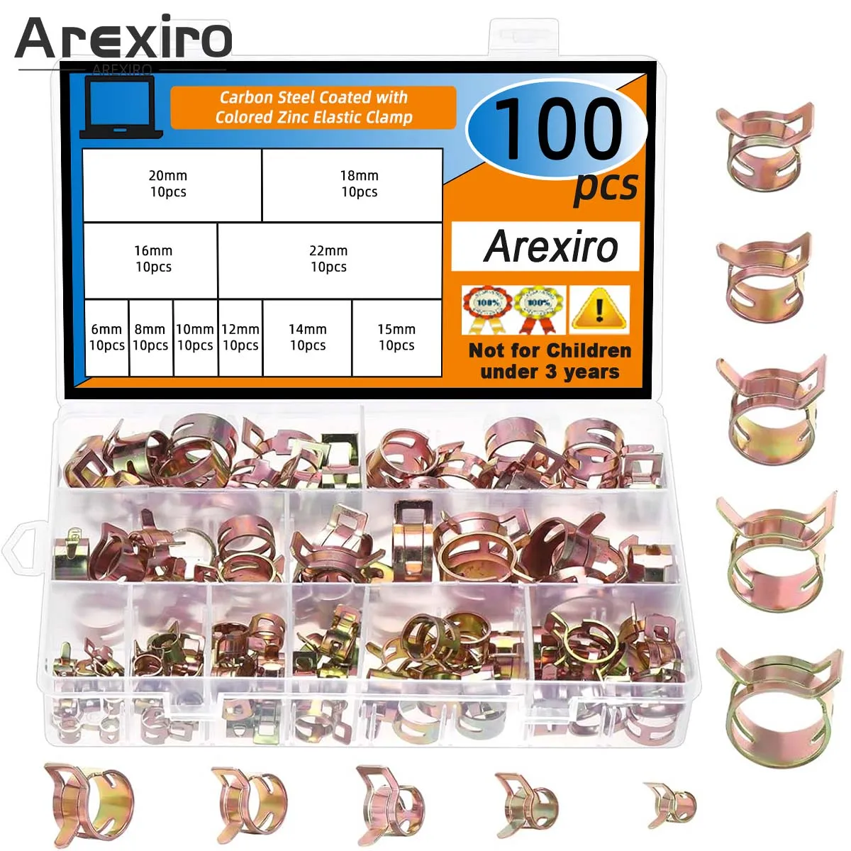 

100Pcs 6-22mm Carbon Steel Coated With Color Zinc Elastic Clamp, Fuel Pipe Spring Clamp, Silicone Vacuum Hose Clamp