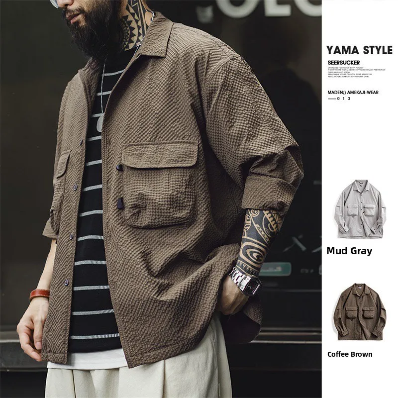 

Maden Workwear Mountain Series Outdoor Cuba Collar Bubble Shirt Men's Long Sleeve Shirt No Iron Pocket Thin Shirt Autumn Trend