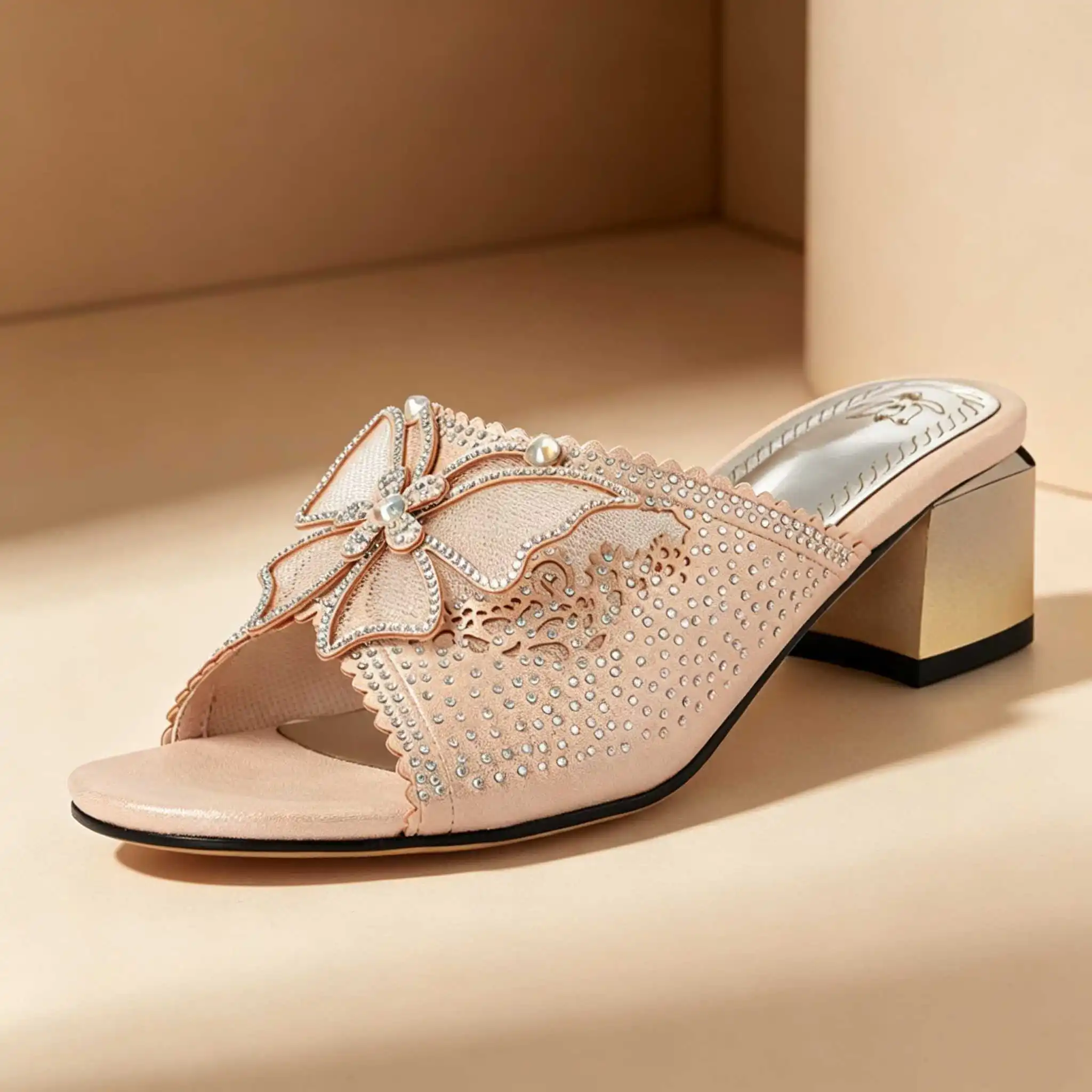 

5.5cm Elegant Rhinesotne Mesh Genuine Leather Shoes Summer Butterfly Slippers 2026 Women's Block Heel Slides for Office Daily