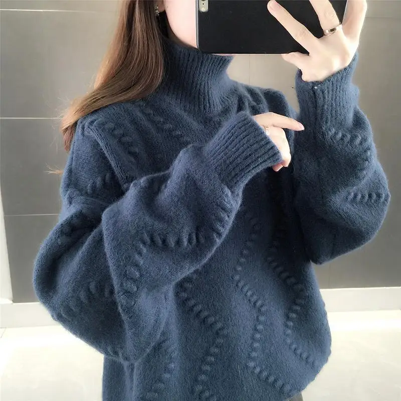 

Korean Version Solid Color Wavy High Neck Pullover Sweater for Women's Winter New Lazy Knit Sweater Top