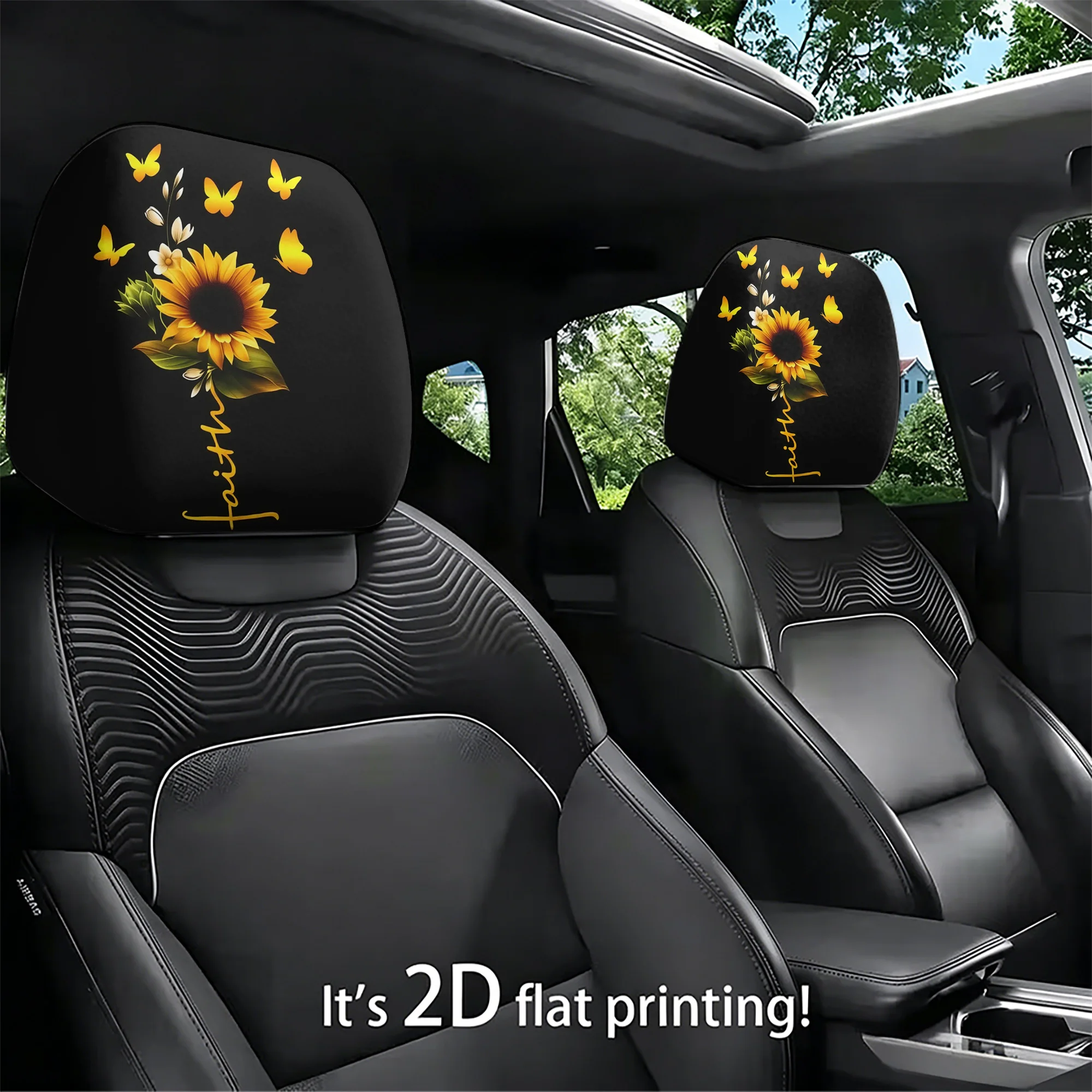2pcs car headrest covers with a sunflower and butterfly print, adding a splash of vibrant color to your car’s interior. Does not