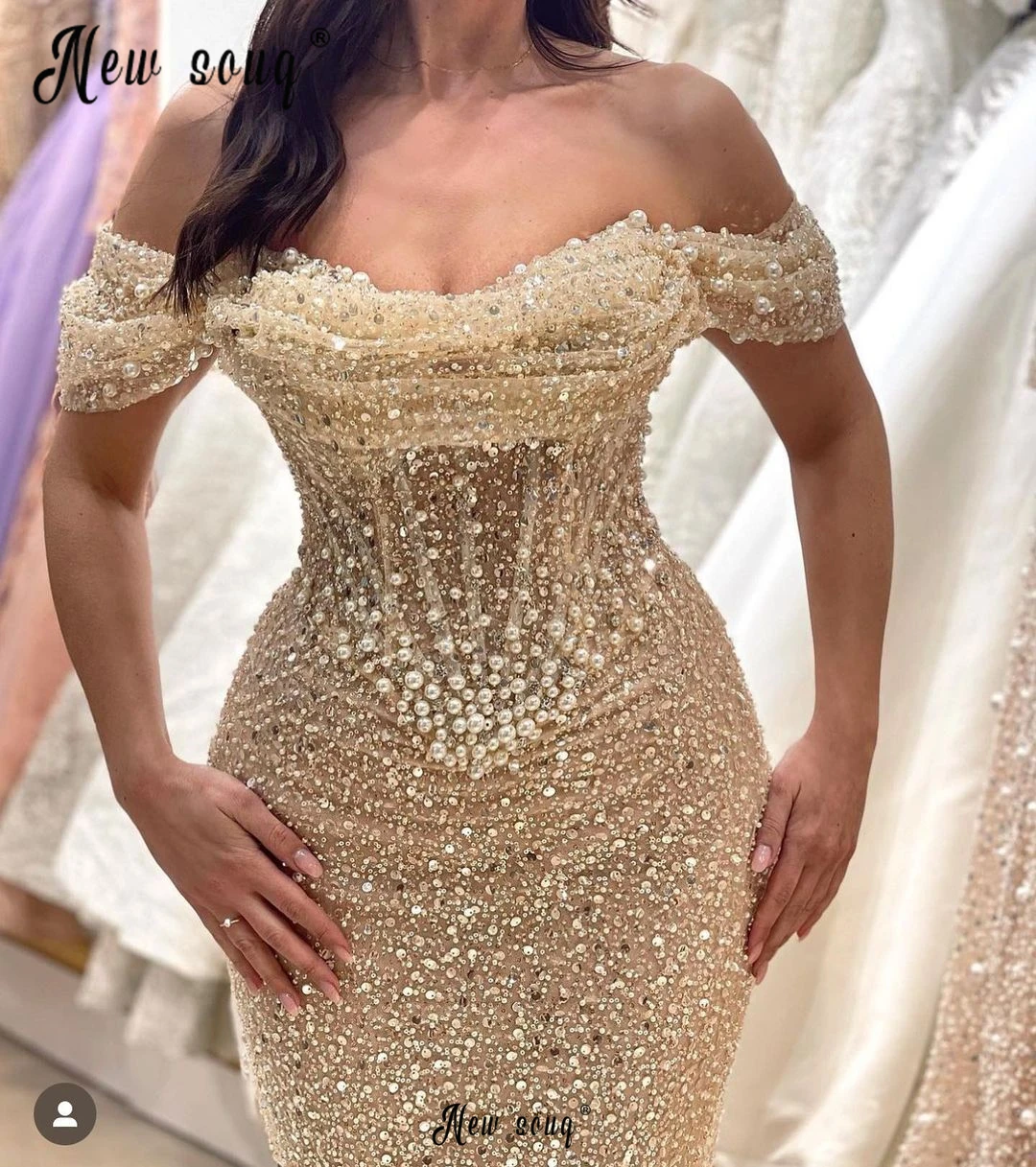 Vestido de festa com pérolas douradas, Vestido sereia fora do ombro, Vestido elegante, Querida, Champanhe claro, Concurso para casamento, 2024