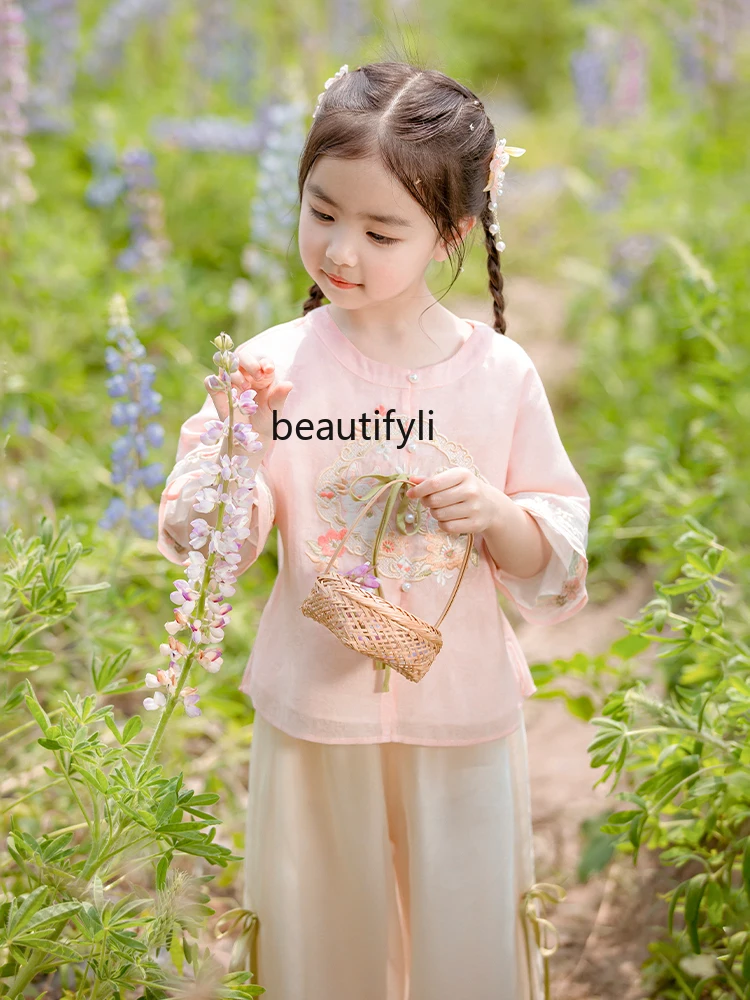 Girls' Hanfu Summer New Chinese Style New Chinese Style Suit Two-Piece Suit