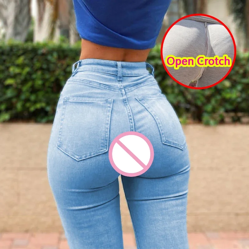 Woman Open Crotch Sexy Jeans Pants Crotchless Denim Fitness Sport Booty Push Up Hidden Zipper Intimate Outdoor Exotic Panties