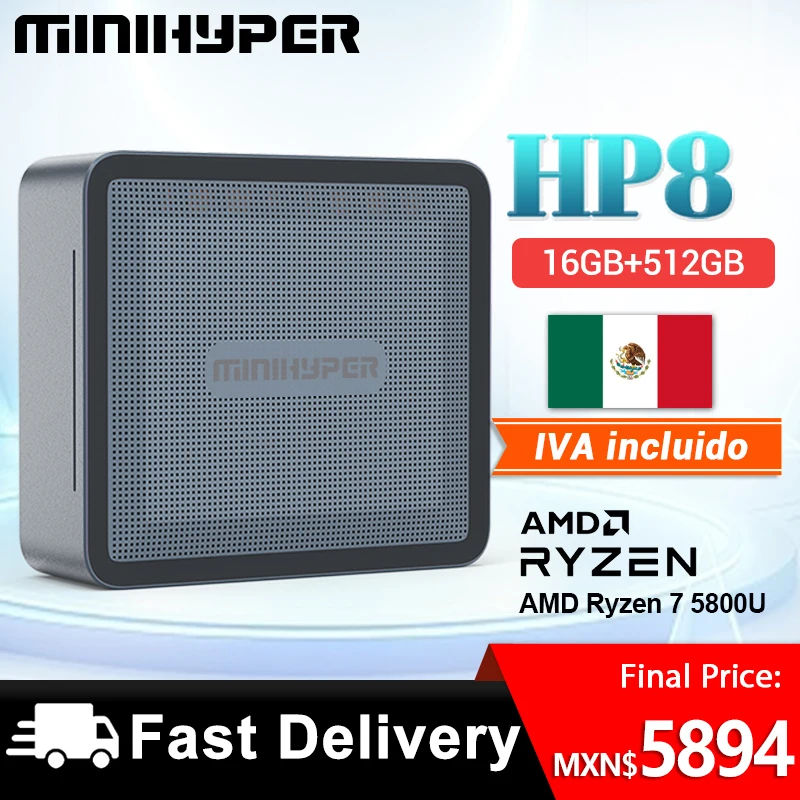 MiniHyper HP8 Mini PC AMD Ryzen 7 5800U CPU 16GB DDR4 Storage SSD 512GB 4K HD output  Windows 11  PortablePC Office Mini Host