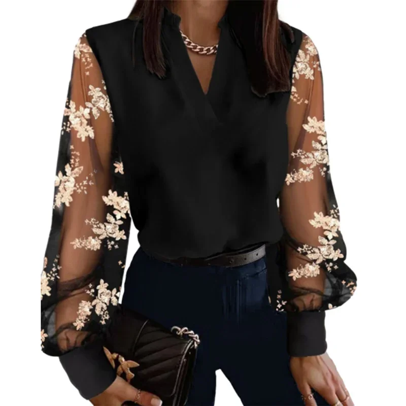 Fashion Women See-through Lace Long Sleeve Shirt Spring Autumn V Neck Pullover Blouse Elegant Female Office Commuter Casual Tops