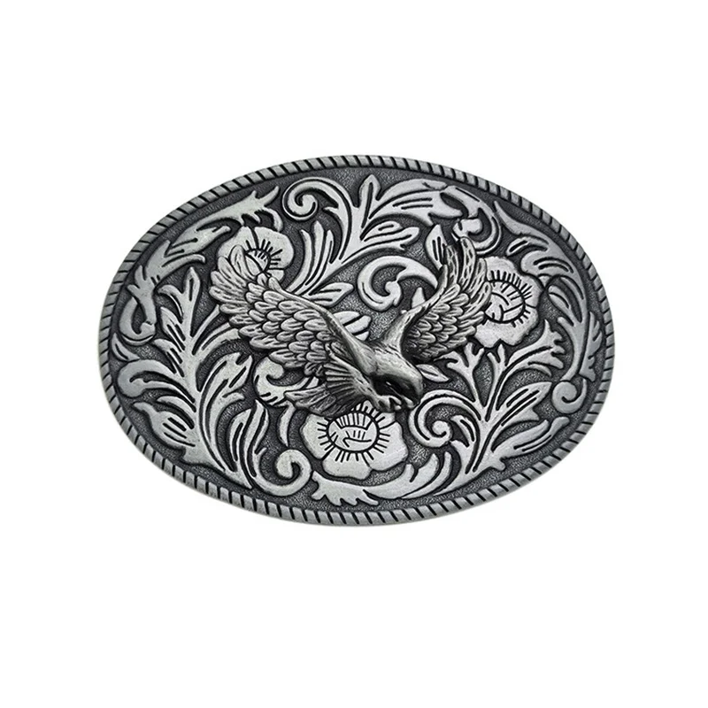 Western Style Zinc Alloy Belt Buckle with Tang Grass Pattern Flying Eagle Design for Fashion Accessory