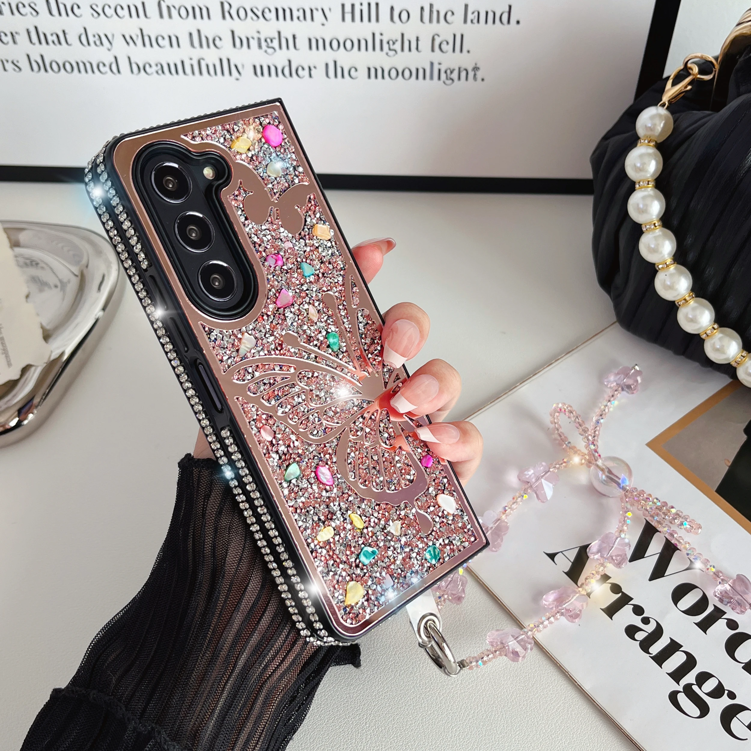 

Bling For Samsung Galaxy Z Fold 6 5 4 3 Colorful Gem Case Shiny Diamond Glossy Butterfly ZFold6 Glitter Shockproof Cover Strap