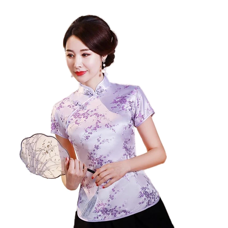 

Dragon Phoenix Chinese National Women Blouse New Casual Summer Short Sleeve Shirt Tops Traditional Mandarin Collar Clothing