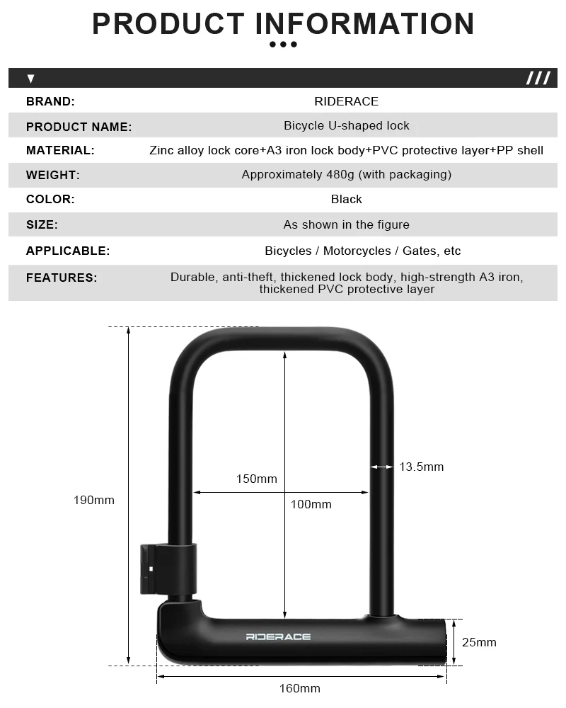 RIDERACE Bicycle U-Lock Portable Anti-theft Safe High Security MTB Mountain Bike Lock With 2 Keys For Scooter Electric E-Bike