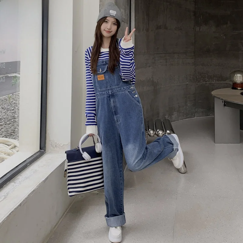 

Trendy Denim Overalls Women's Slimming Loose American Retro Wide Leg Jumpsuits High Waist Commute Sle Regular Thin Lon...