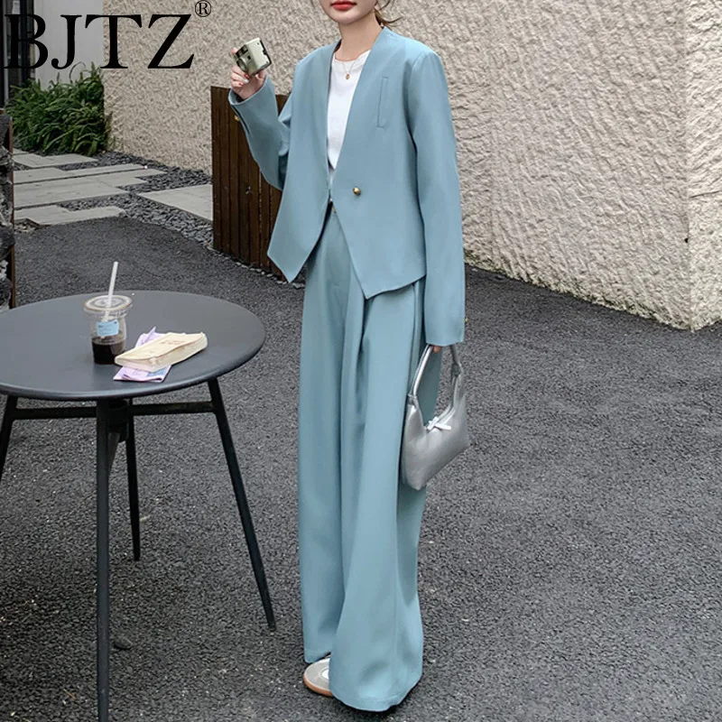 

BJTZ Fashion High-end 2 Piece Sets Woman Outfit 2025 Spring New Trendy Temperament Office Lady Suit Wide Leg Pants Female Set