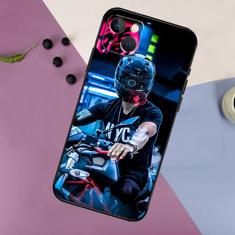 Neon Motorcycle Biker Phone Case For iPhone 11 12 13 14 16 15 Pro Max Mini 7 8 Plus X XR XS Max Bumper Cases Cover