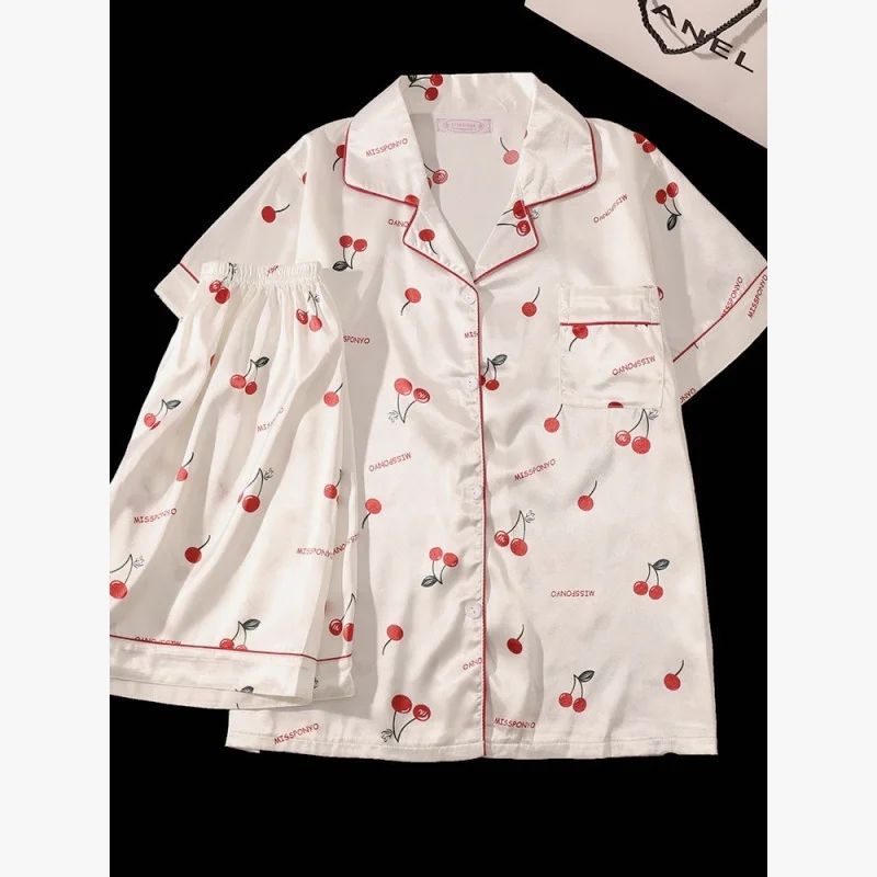 

Cherry Print Pajamas Set For Women Summer Satin Two Piece Short Sleeve Shirt And Shorts Casual Fashion Cute Soft Comfy Homewear