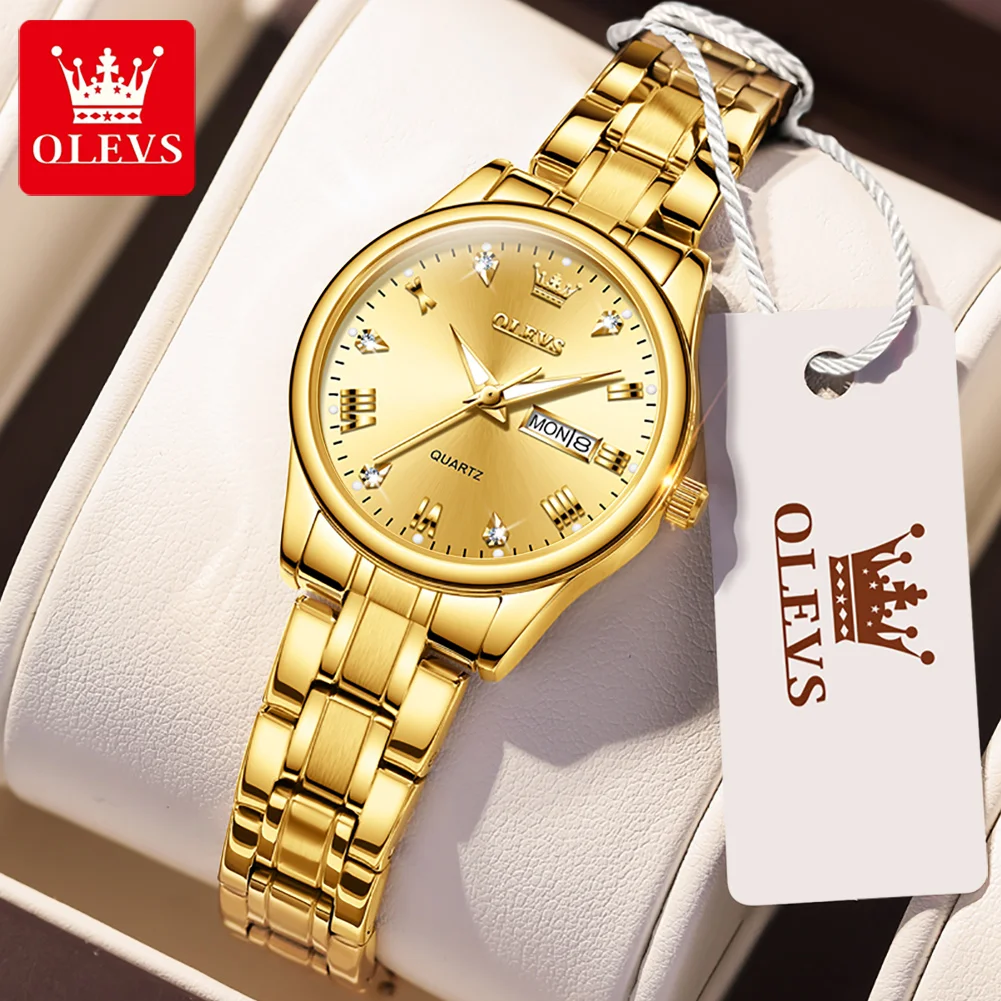 OLEVS Hot Classic Quartz Watch for Women Elegant Dress Luminous Waterproof Week Date Clock Stainless Steel Ladies Wrist watch