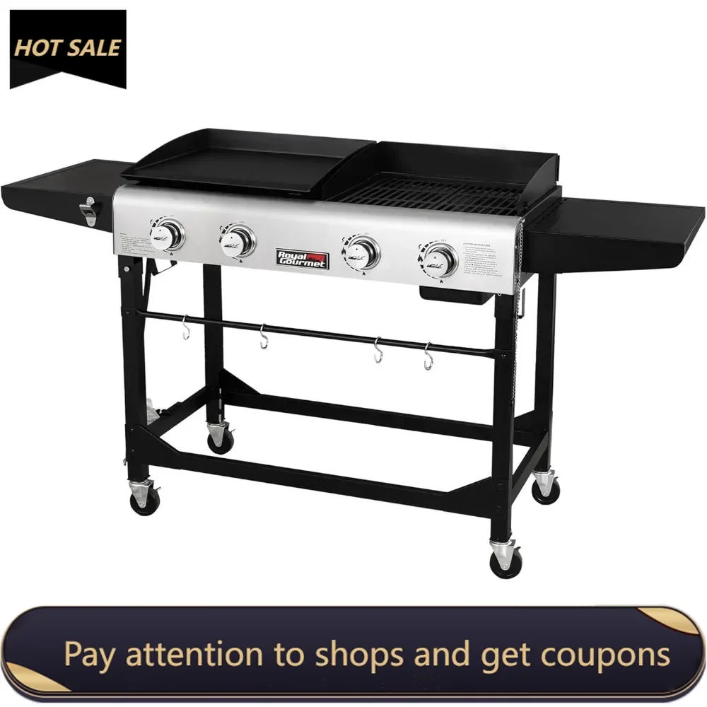 

Portable Propane Gas Grill and Griddle Combo with Side Table | 4-Burner, Folding Legs,Versatile, Outdoor | Black 66 Inch