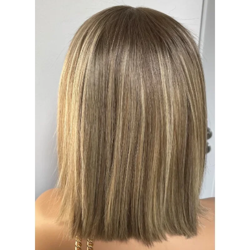 オンブレライトブロンドウィッグ（ダークルート）16インチ肩丈合成レースフロントウィッグ耐熱ファイバー日常＆コスプレウィッグ