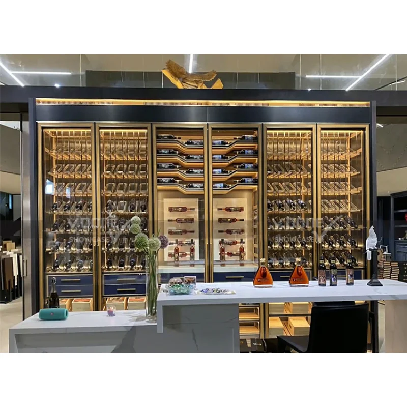 

custom.Commercial design cooling stainless steel display racks luxury wall large wine cellar whiskey glass display wine cabinet