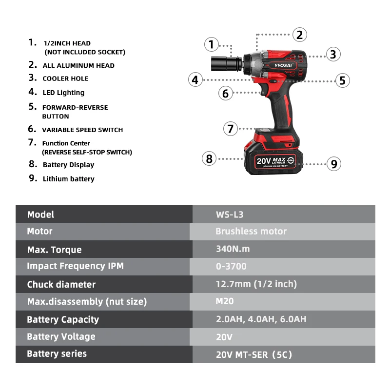 Vovai-電気インパクトレンチ,モデルmt-シリーズ340n.m,20V,ブラシレスソケットレンチ,リチウムイオン電池,手動ドリル,取り付け,電動工具