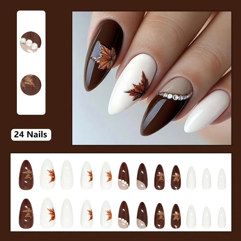 Fall Press on Nails Medium Almond Fake Nails with Rhinestones Design Autumn Maple Leaf False Nail White Brown Full Cover Tips