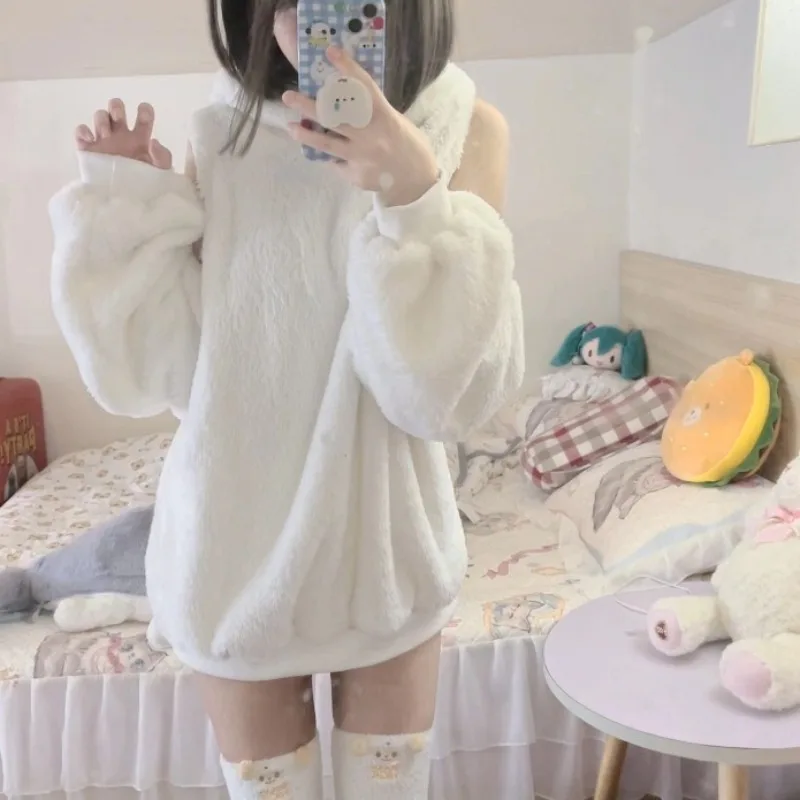 

Off Shoulder Cute Japanese Soft Girl Lolita Style Lamb Plush Pullover Hooded Patchwork Hoodie Jacket Shorts Solid Color Suit