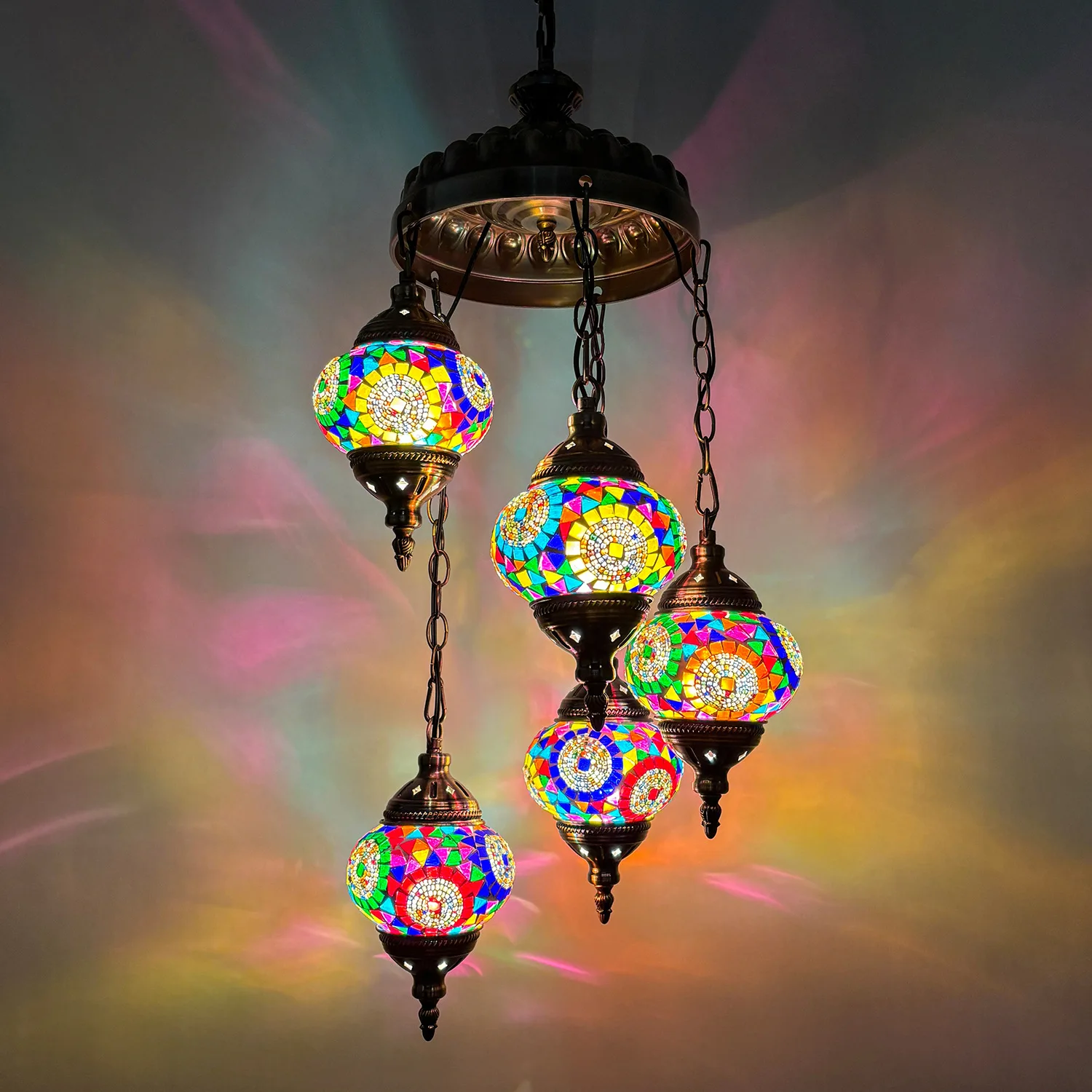 5 Heads Turkish Ethnic Custom Handmade Mosaic LED Pendant Light Middle Size Adjustable Height for Hotel Restaurant & Living Room