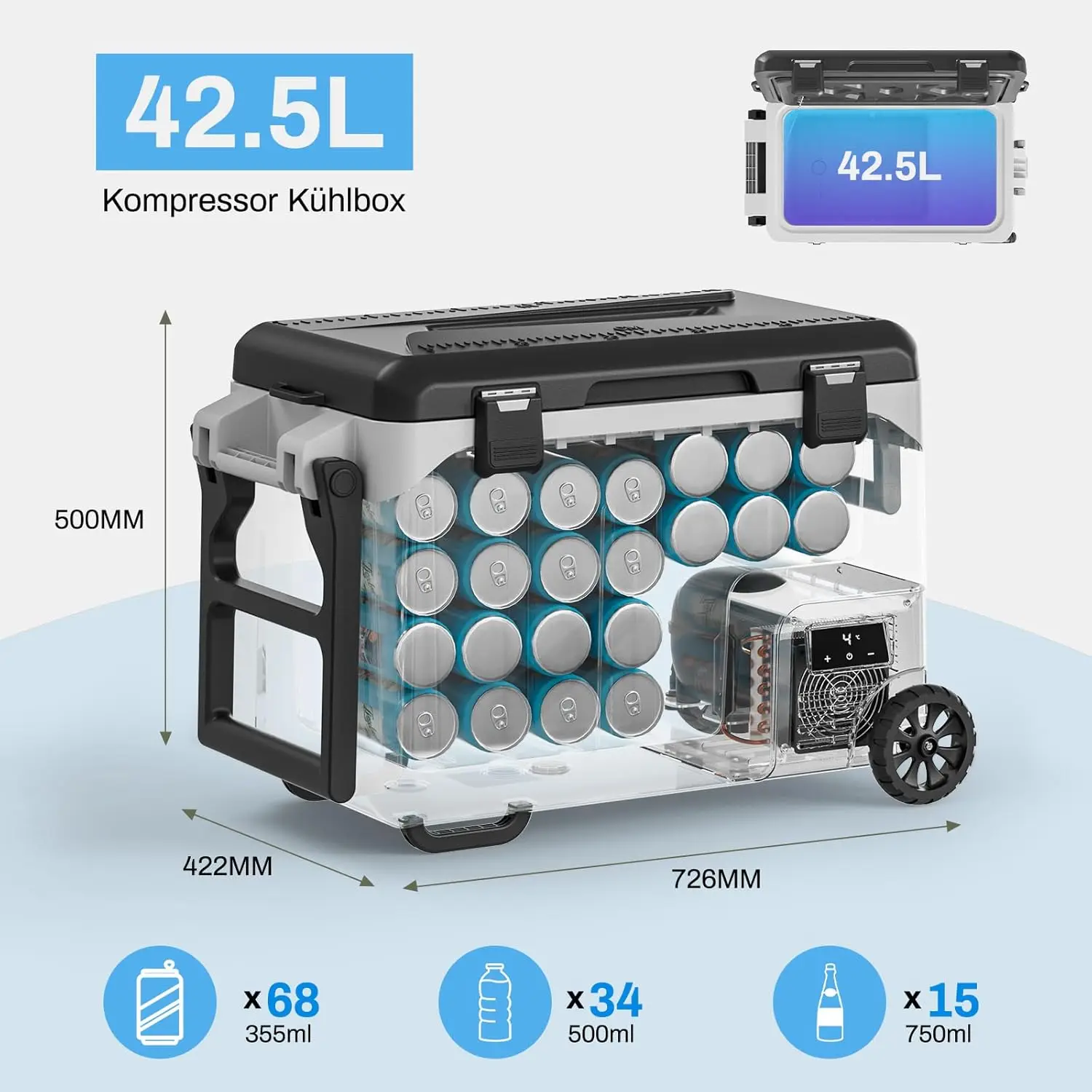 Nevera Portátil para Auto, Refrigerador, Congelador Eléctrico con Ruedas, Abrebotellas, Pantalla LED, para Camping y Hogar