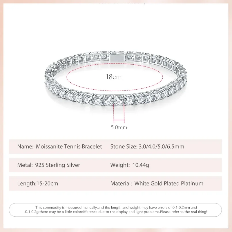 Follow Cloud 5.0mm 6.5mm D Color VVS1 GRC Round Cut White Gold Plated S925 Sterling Silver Moissanite Tennis Bracelet for Women