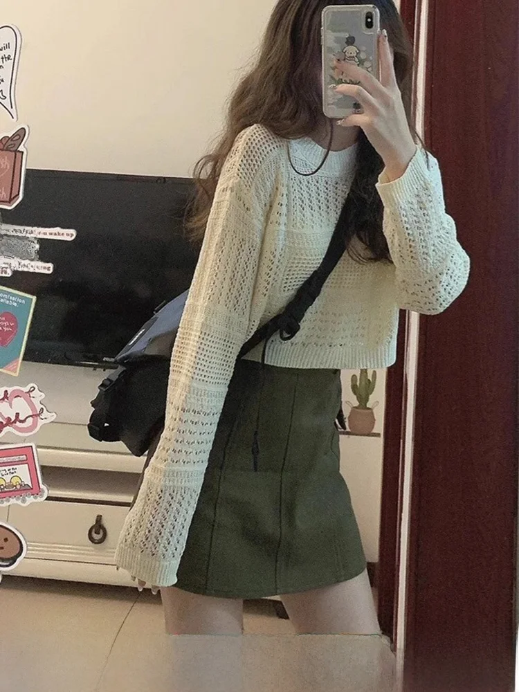 

Дизайнерская ажурная тонкая длинная кофта с защитой от солнца для женщин, весна-лето, короткая вязаная верхняя одежда с круглым вырезом