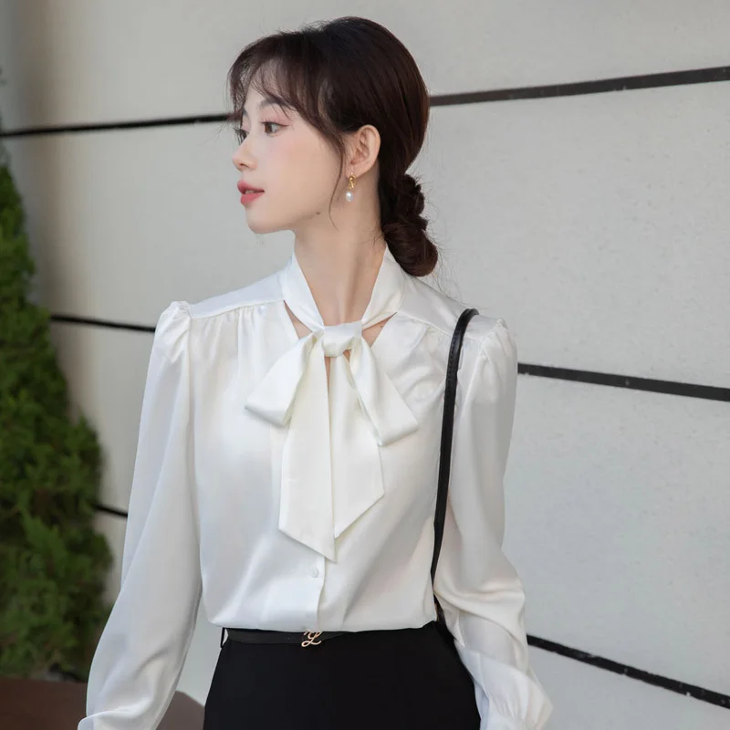 Women Clothing Elegant Long Sleeve Chiffon Shirt Summer Fashion Casual Bow Button White Blouses Office Lady Chic Solid Loose Top