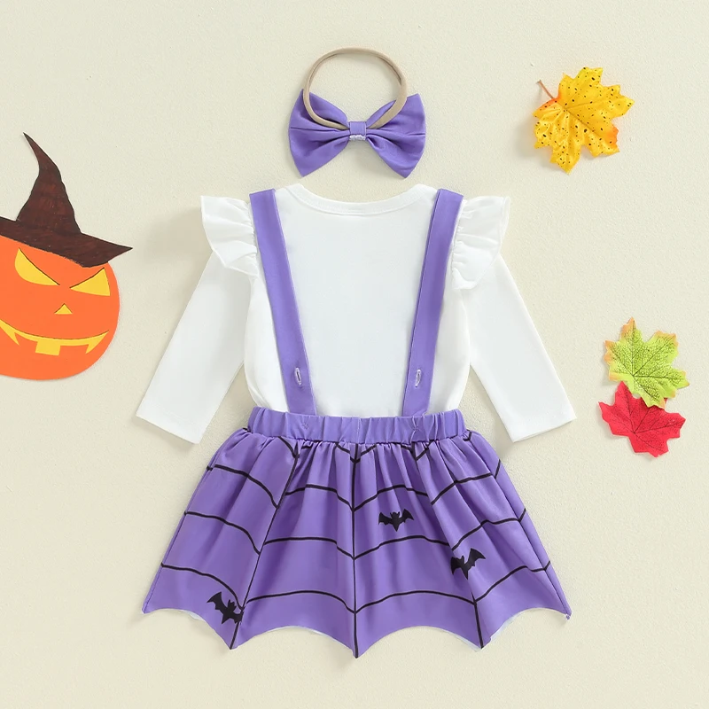 2024-05-28 Lioraitiin Baby Girl Halloween Outfit Solid Long Sleeve Romper with Ghost Embroidery Overall Dress and Headband